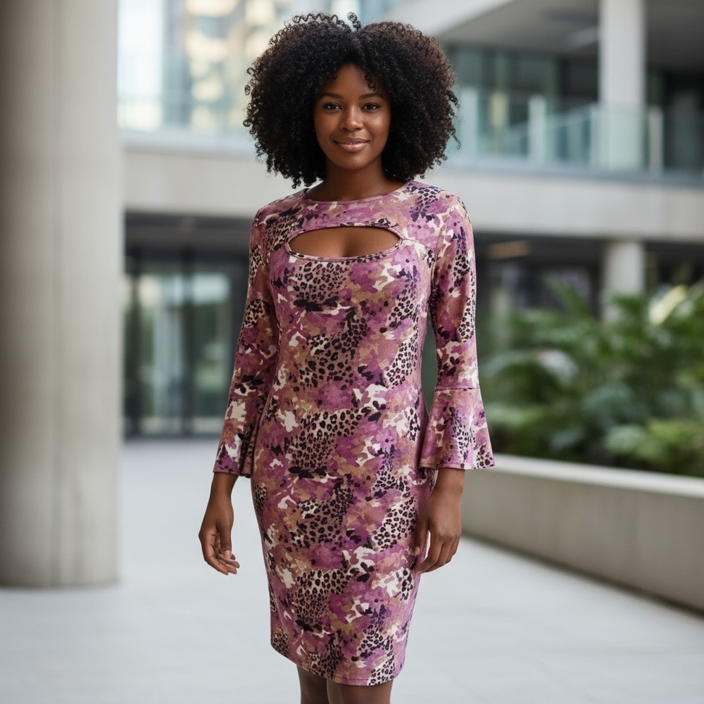 NY Invasion Animal Print Pink Background Sexy Keyhole Front 3/4 Bell Sleeve 1X  